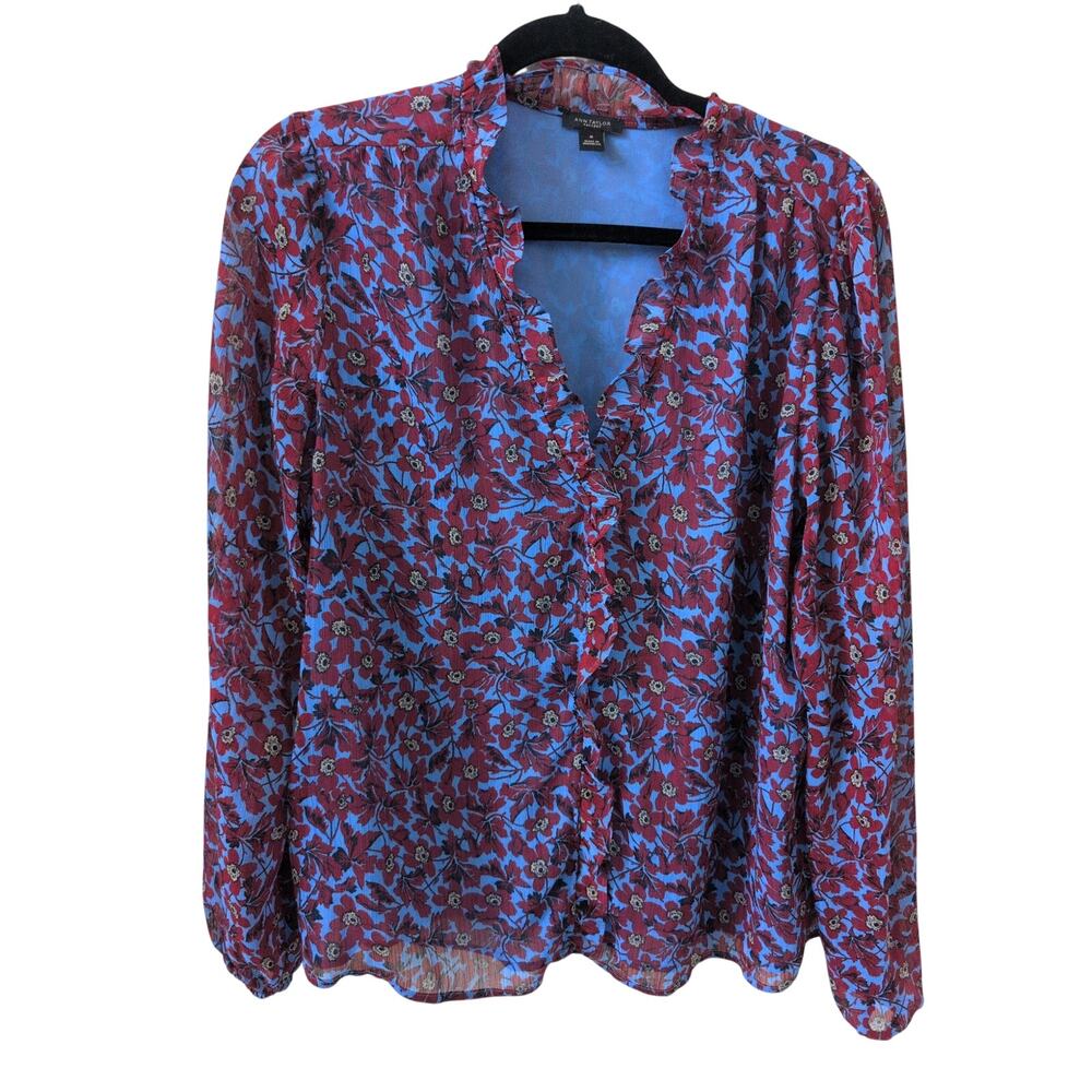 Ann Taylor Blue Red Floral Print Ruffle Blouse size Medium